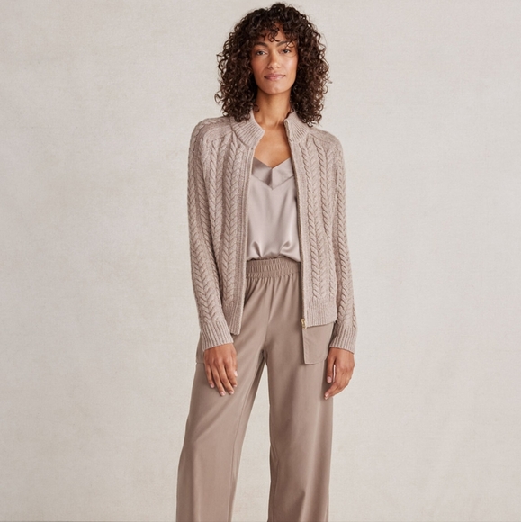 Talbots Ivory Cable Knit Zip Up Cardigan - Long Sleeve Top Jacket - Picture 5 of 11